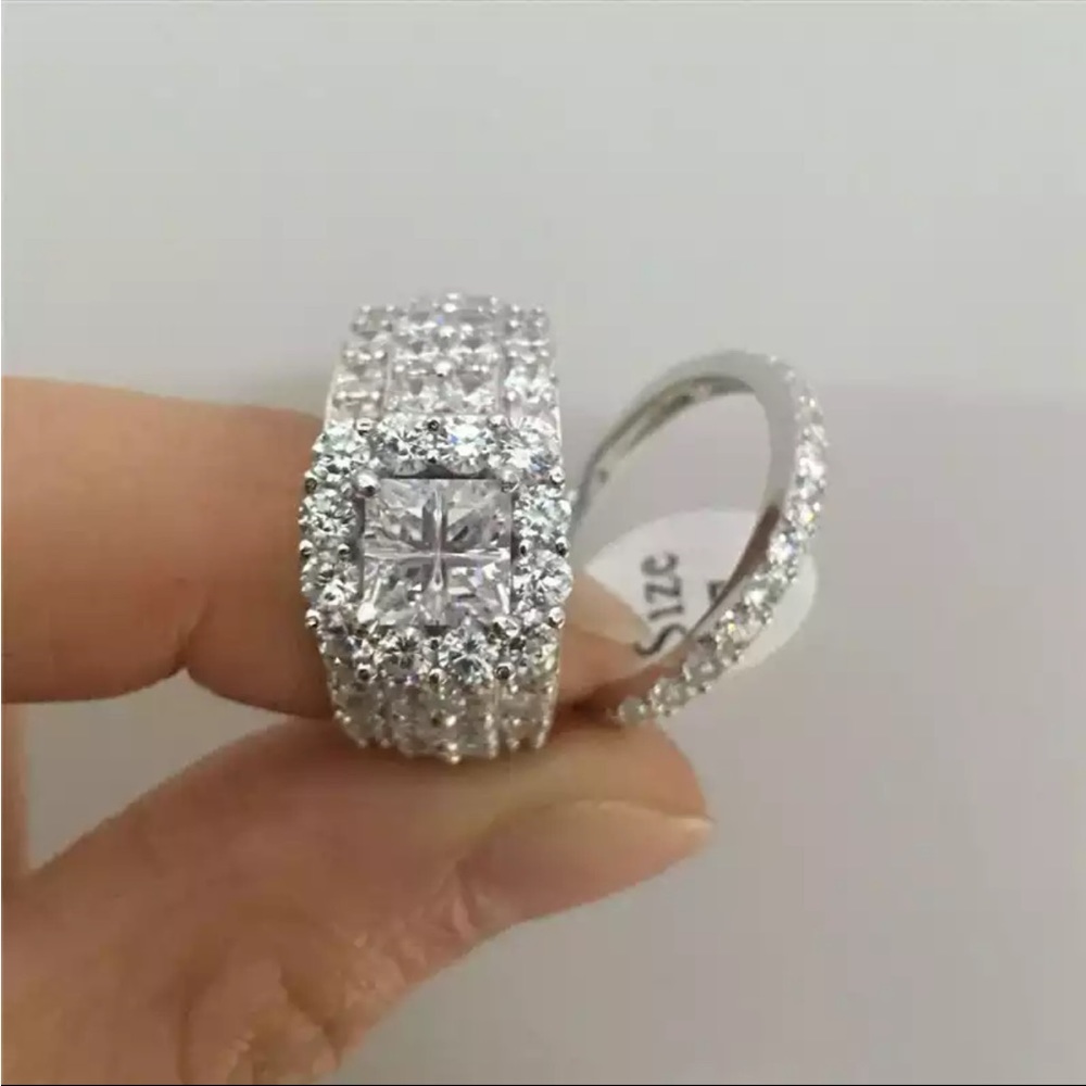New 925 Silver 2 Pc Set Wedding Engagement Diamond Ring - Picture 3 of 6